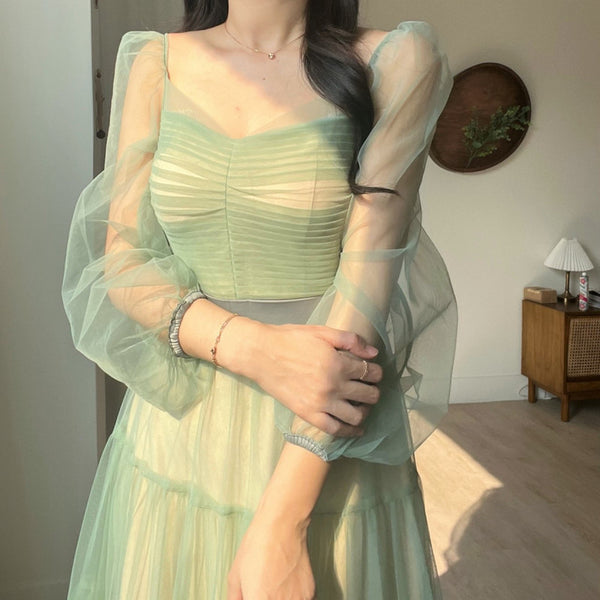 Fairy Elegant Women Retro Princess Ethnic Style V Neck Pleated Waist Mesh Long Sleeve Corset Cake Dress