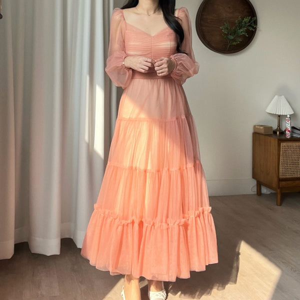Fairy Elegant Women Retro Princess Ethnic Style V Neck Pleated Waist Mesh Long Sleeve Corset Cake Dress