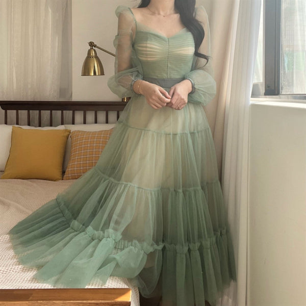 Fairy Elegant Women Retro Princess Ethnic Style V Neck Pleated Waist Mesh Long Sleeve Corset Cake Dress