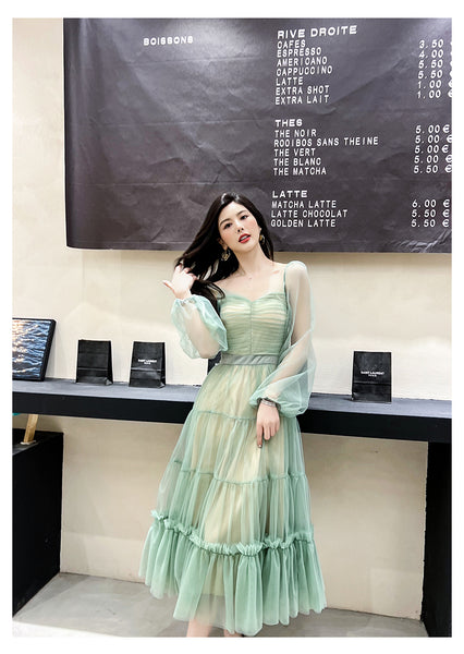Fairy Elegant Women Retro Princess Ethnic Style V Neck Pleated Waist Mesh Long Sleeve Corset Cake Dress