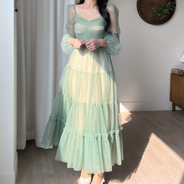 Fairy Elegant Women Retro Princess Ethnic Style V Neck Pleated Waist Mesh Long Sleeve Corset Cake Dress