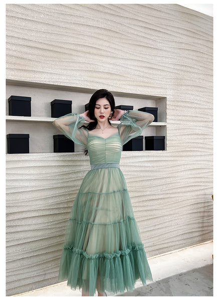 Fairy Elegant Women Retro Princess Ethnic Style V Neck Pleated Waist Mesh Long Sleeve Corset Cake Dress