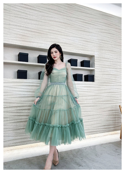 Fairy Elegant Women Retro Princess Ethnic Style V Neck Pleated Waist Mesh Long Sleeve Corset Cake Dress