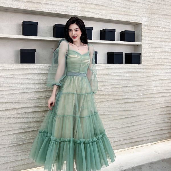 Fairy Elegant Women Retro Princess Ethnic Style V Neck Pleated Waist Mesh Long Sleeve Corset Cake Dress