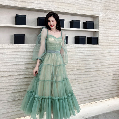 Fairy Elegant Women Retro Princess Ethnic Style V Neck Pleated Waist Mesh Long Sleeve Corset Cake Dress