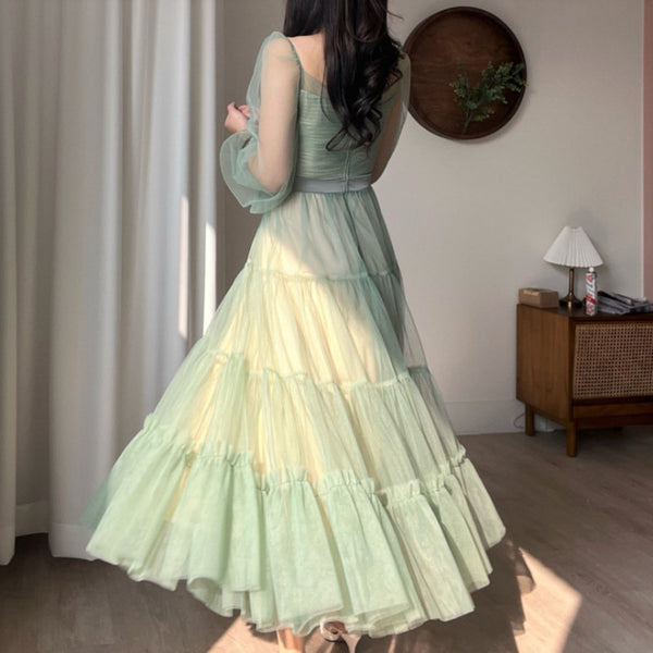 Fairy Elegant Women Retro Princess Ethnic Style V Neck Pleated Waist Mesh Long Sleeve Corset Cake Dress