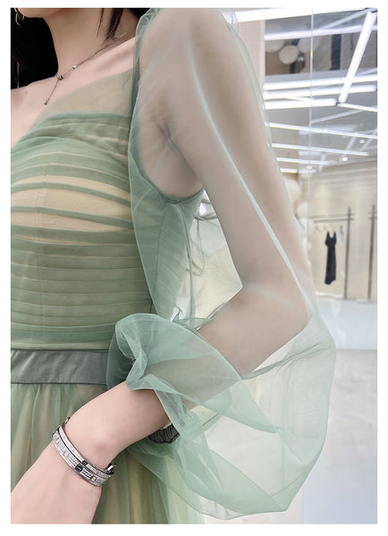 Fairy Elegant Women Retro Princess Ethnic Style V Neck Pleated Waist Mesh Long Sleeve Corset Cake Dress