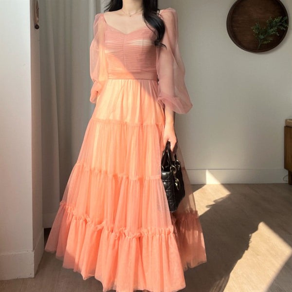 Fairy Elegant Women Retro Princess Ethnic Style V Neck Pleated Waist Mesh Long Sleeve Corset Cake Dress