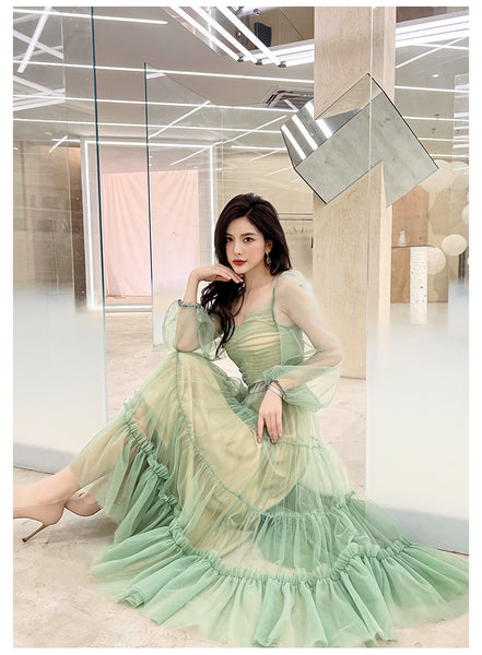 Fairy Elegant Women Retro Princess Ethnic Style V Neck Pleated Waist Mesh Long Sleeve Corset Cake Dress