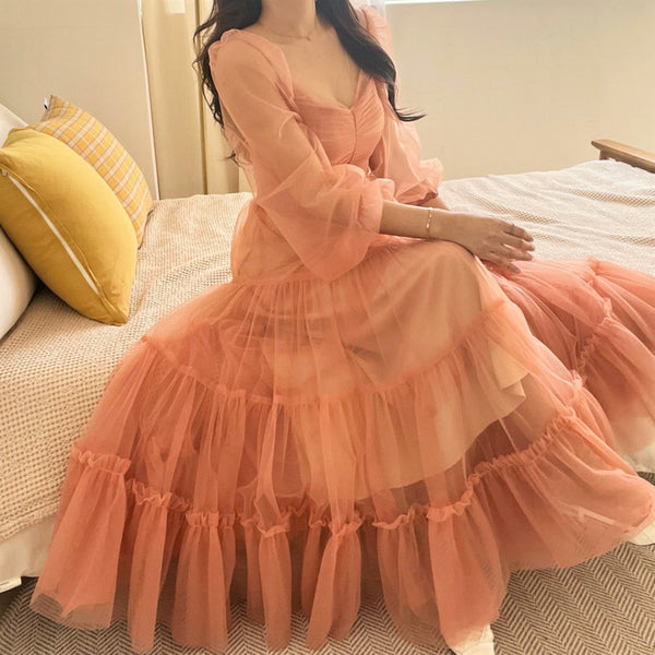 Fairy Elegant Women Retro Princess Ethnic Style V Neck Pleated Waist Mesh Long Sleeve Corset Cake Dress