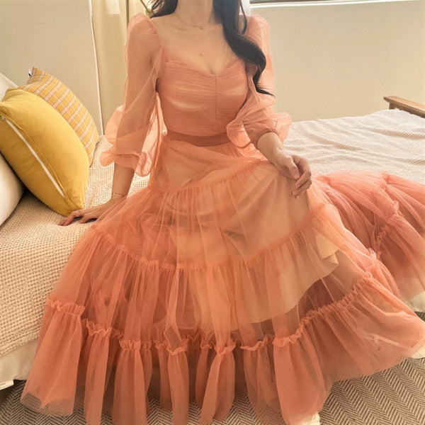 Fairy Elegant Women Retro Princess Ethnic Style V Neck Pleated Waist Mesh Long Sleeve Corset Cake Dress