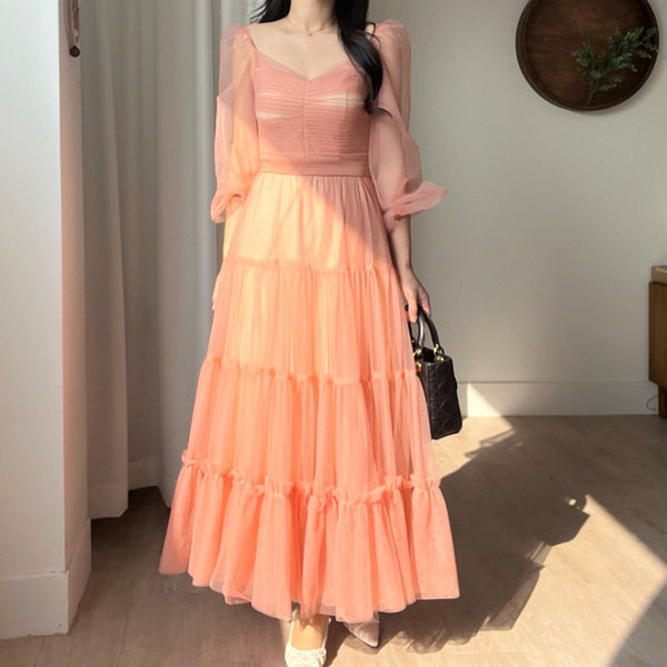 Fairy Elegant Women Retro Princess Ethnic Style V Neck Pleated Waist Mesh Long Sleeve Corset Cake Dress