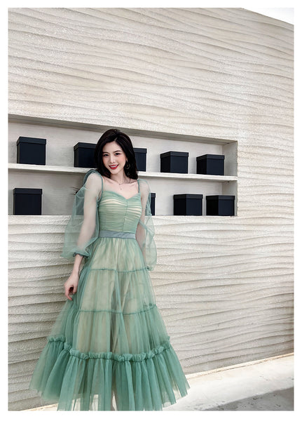 Fairy Elegant Women Retro Princess Ethnic Style V Neck Pleated Waist Mesh Long Sleeve Corset Cake Dress