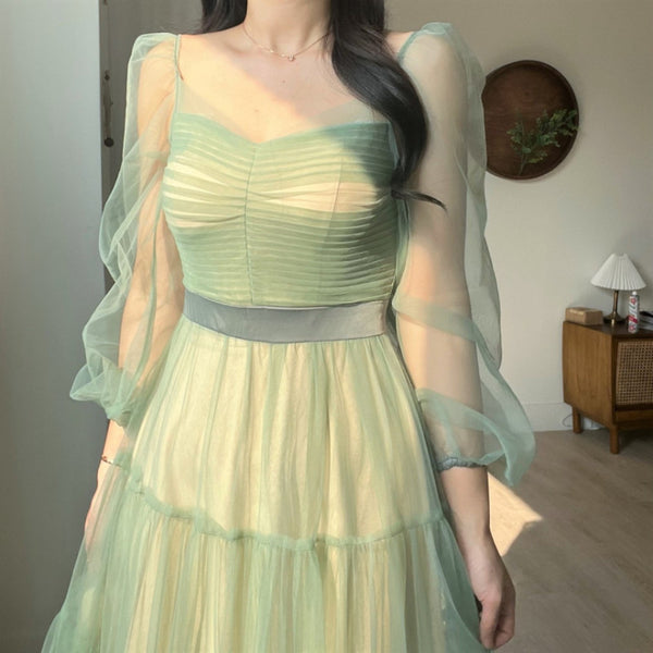 Fairy Elegant Women Retro Princess Ethnic Style V Neck Pleated Waist Mesh Long Sleeve Corset Cake Dress