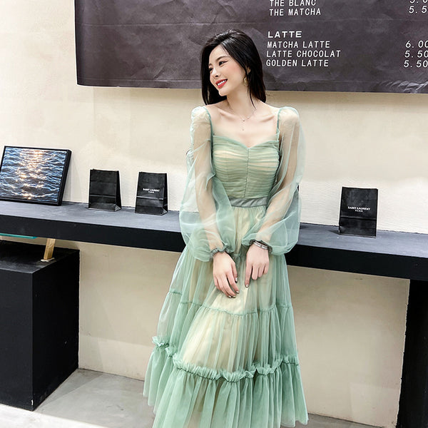 Fairy Elegant Women Retro Princess Ethnic Style V Neck Pleated Waist Mesh Long Sleeve Corset Cake Dress