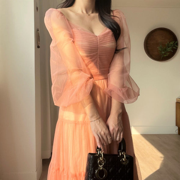 Fairy Elegant Women Retro Princess Ethnic Style V Neck Pleated Waist Mesh Long Sleeve Corset Cake Dress