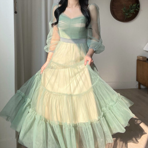 Fairy Elegant Women Retro Princess Ethnic Style V Neck Pleated Waist Mesh Long Sleeve Corset Cake Dress