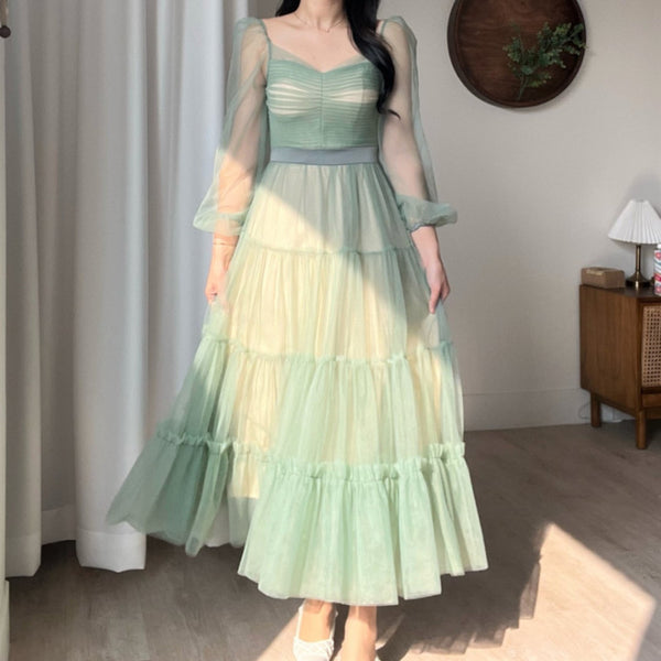 Fairy Elegant Women Retro Princess Ethnic Style V Neck Pleated Waist Mesh Long Sleeve Corset Cake Dress