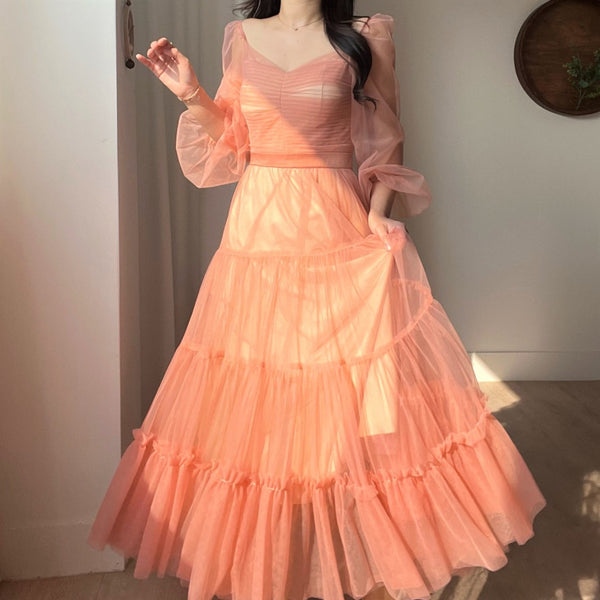 Fairy Elegant Women Retro Princess Ethnic Style V Neck Pleated Waist Mesh Long Sleeve Corset Cake Dress