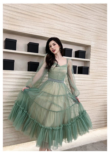 Fairy Elegant Women Retro Princess Ethnic Style V Neck Pleated Waist Mesh Long Sleeve Corset Cake Dress