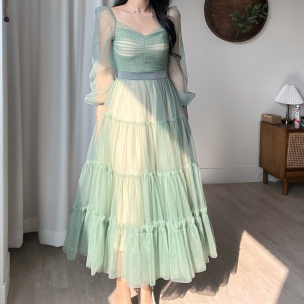 Fairy Elegant Women Retro Princess Ethnic Style V Neck Pleated Waist Mesh Long Sleeve Corset Cake Dress