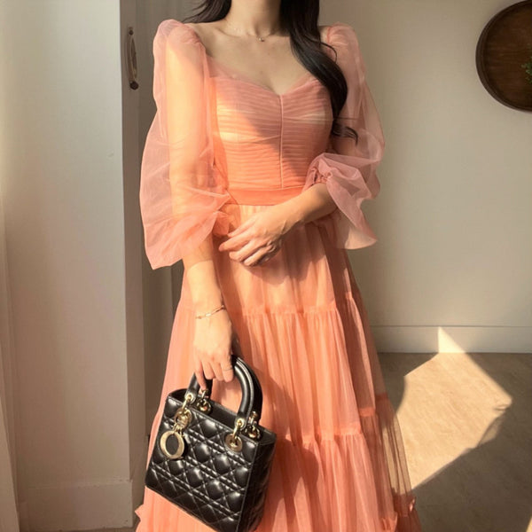 Fairy Elegant Women Retro Princess Ethnic Style V Neck Pleated Waist Mesh Long Sleeve Corset Cake Dress