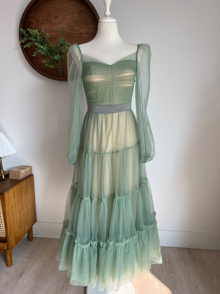 Fairy Elegant Women Retro Princess Ethnic Style V Neck Pleated Waist Mesh Long Sleeve Corset Cake Dress