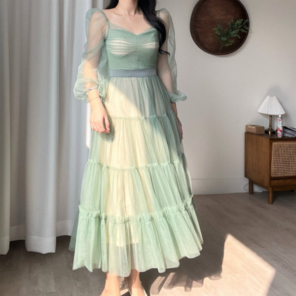 Fairy Elegant Women Retro Princess Ethnic Style V Neck Pleated Waist Mesh Long Sleeve Corset Cake Dress