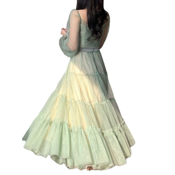 Fairy Elegant Women Retro Princess Ethnic Style V Neck Pleated Waist Mesh Long Sleeve Corset Cake Dress