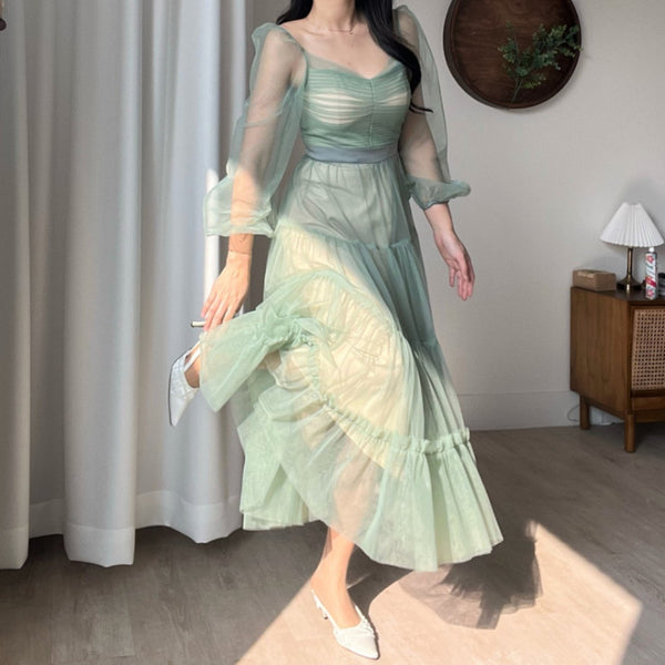 Fairy Elegant Women Retro Princess Ethnic Style V Neck Pleated Waist Mesh Long Sleeve Corset Cake Dress