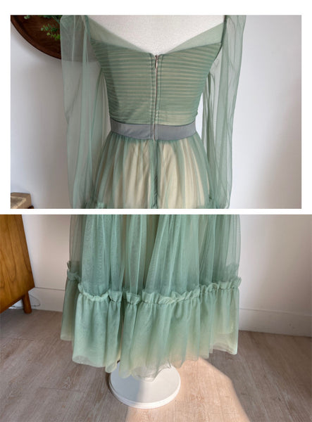 Fairy Elegant Women Retro Princess Ethnic Style V Neck Pleated Waist Mesh Long Sleeve Corset Cake Dress