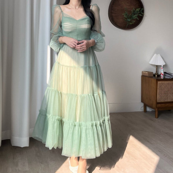 Fairy Elegant Women Retro Princess Ethnic Style V Neck Pleated Waist Mesh Long Sleeve Corset Cake Dress
