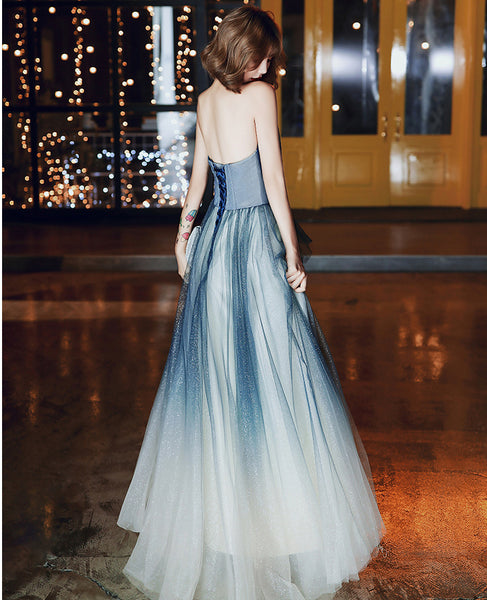 Temperament Women Princess Banquet Sparkle Embroidered Gradient Navy Blue Backless Tube Top High Waist Evening Long Dress