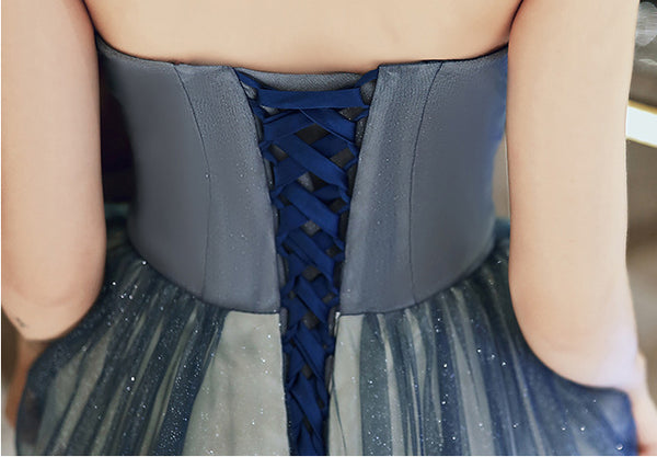 Temperament Women Princess Banquet Sparkle Embroidered Gradient Navy Blue Backless Tube Top High Waist Evening Long Dress