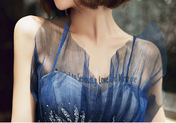 Temperament Women Princess Banquet Sparkle Embroidered Gradient Navy Blue Backless Tube Top High Waist Evening Long Dress