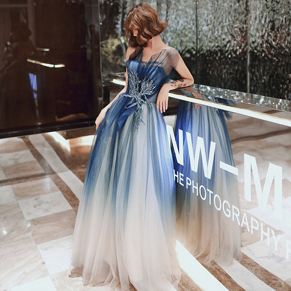 Temperament Women Princess Banquet Sparkle Embroidered Gradient Navy Blue Backless Tube Top High Waist Evening Long Dress