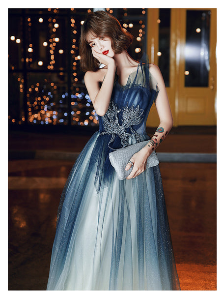 Temperament Women Princess Banquet Sparkle Embroidered Gradient Navy Blue Backless Tube Top High Waist Evening Long Dress