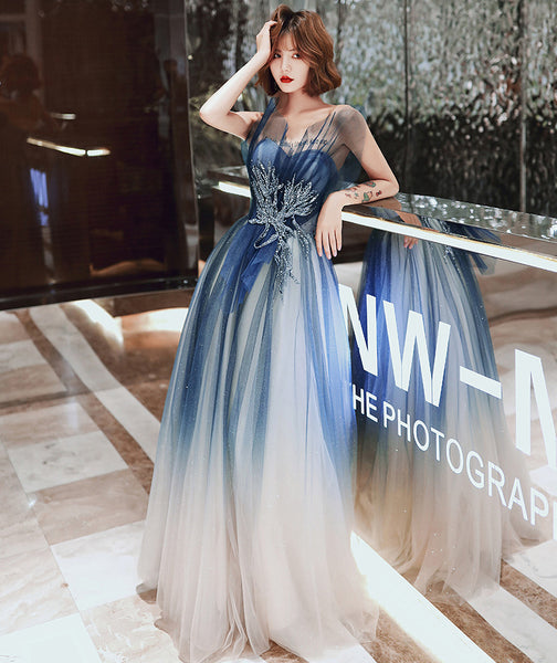 Temperament Women Princess Banquet Sparkle Embroidered Gradient Navy Blue Backless Tube Top High Waist Evening Long Dress