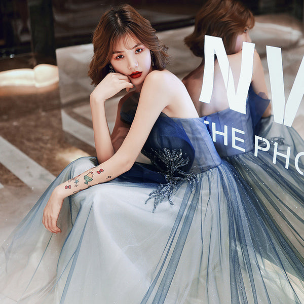 Temperament Women Princess Banquet Sparkle Embroidered Gradient Navy Blue Backless Tube Top High Waist Evening Long Dress