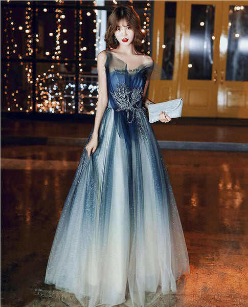 Temperament Women Princess Banquet Sparkle Embroidered Gradient Navy Blue Backless Tube Top High Waist Evening Long Dress