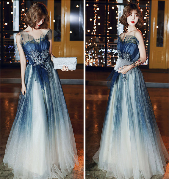 Temperament Women Princess Banquet Sparkle Embroidered Gradient Navy Blue Backless Tube Top High Waist Evening Long Dress