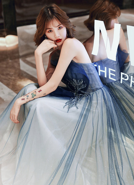 Temperament Women Princess Banquet Sparkle Embroidered Gradient Navy Blue Backless Tube Top High Waist Evening Long Dress