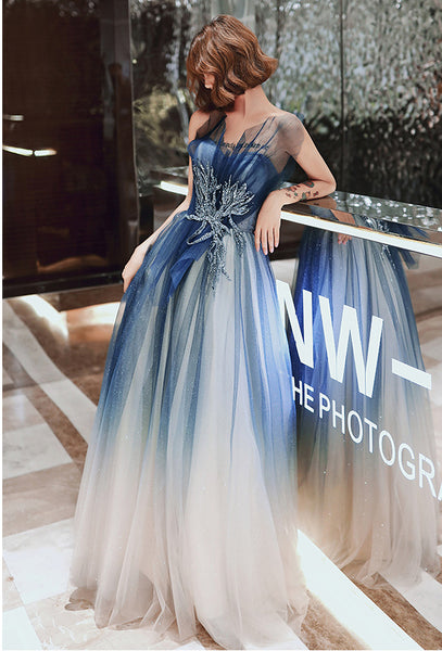 Temperament Women Princess Banquet Sparkle Embroidered Gradient Navy Blue Backless Tube Top High Waist Evening Long Dress