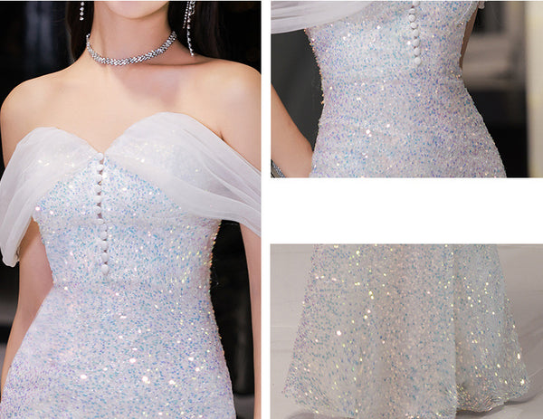 Elegant Luxury Women Shiny Sequin Off shoulder Mermaid Fishtail Prom Evening Long Gown Dress