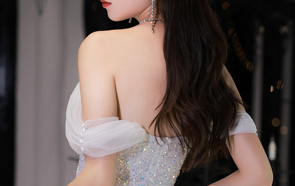 Elegant Luxury Women Shiny Sequin Off shoulder Mermaid Fishtail Prom Evening Long Gown Dress