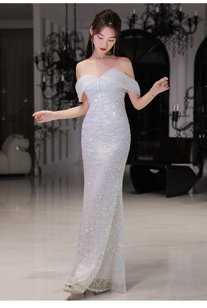 Elegant Luxury Women Shiny Sequin Off shoulder Mermaid Fishtail Prom Evening Long Gown Dress