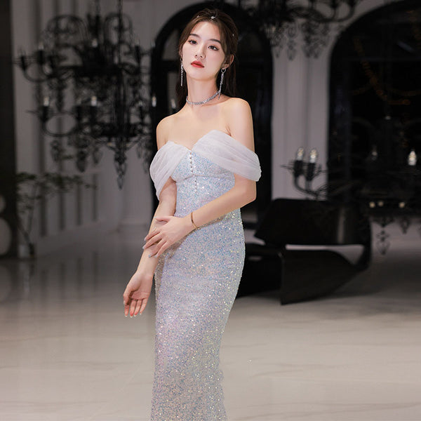 Elegant Luxury Women Shiny Sequin Off shoulder Mermaid Fishtail Prom Evening Long Gown Dress