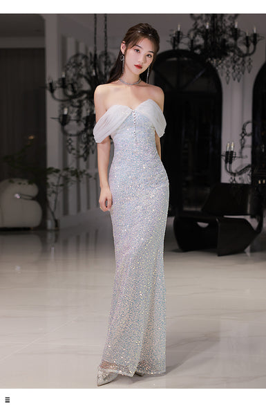 Elegant Luxury Women Shiny Sequin Off shoulder Mermaid Fishtail Prom Evening Long Gown Dress