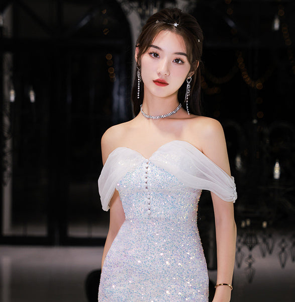 Elegant Luxury Women Shiny Sequin Off shoulder Mermaid Fishtail Prom Evening Long Gown Dress