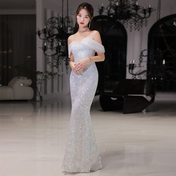 Elegant Luxury Women Shiny Sequin Off shoulder Mermaid Fishtail Prom Evening Long Gown Dress